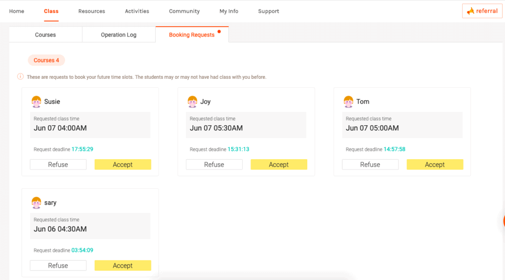Managing booking requests through the teachers portal