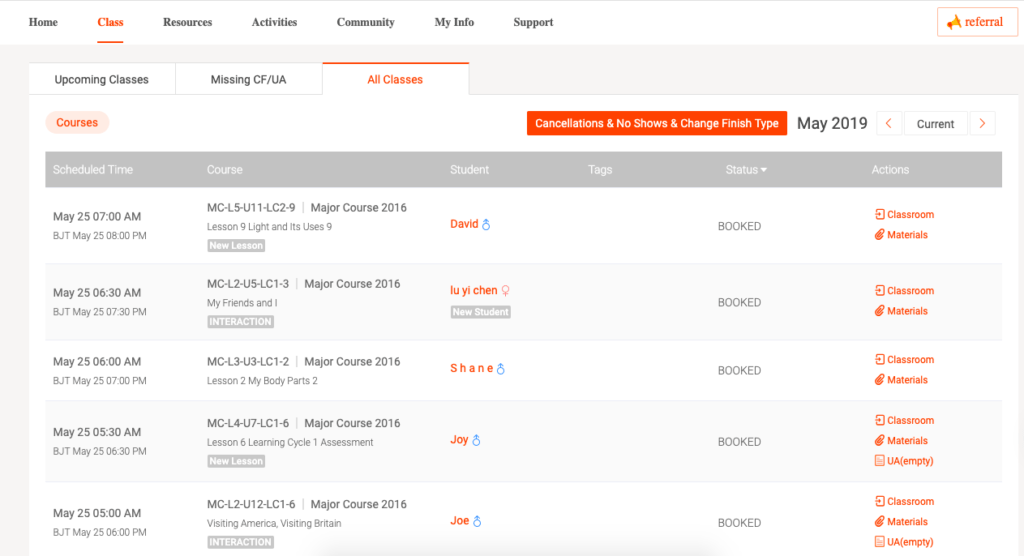 Access all classes, taught and un-taught through the All Classes tab