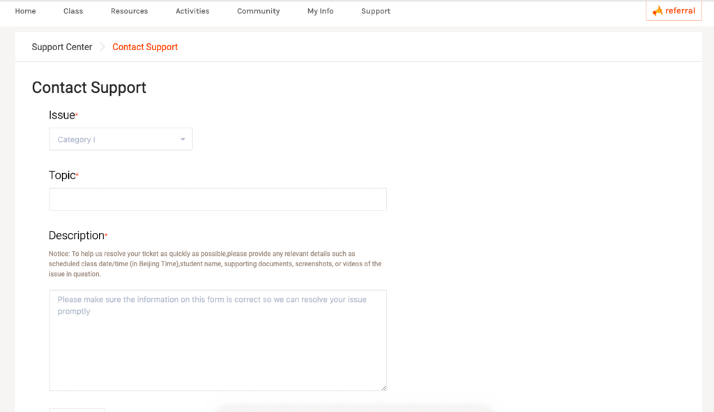 Contacting support and submitting tickets through the VIPKID teachers portal.