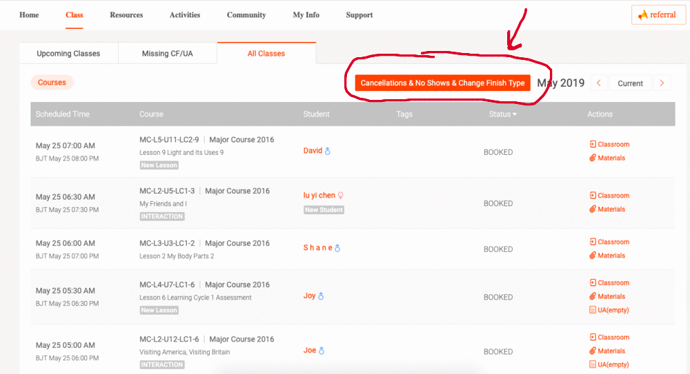 VIPKID cancellations, no shows, and finish types.