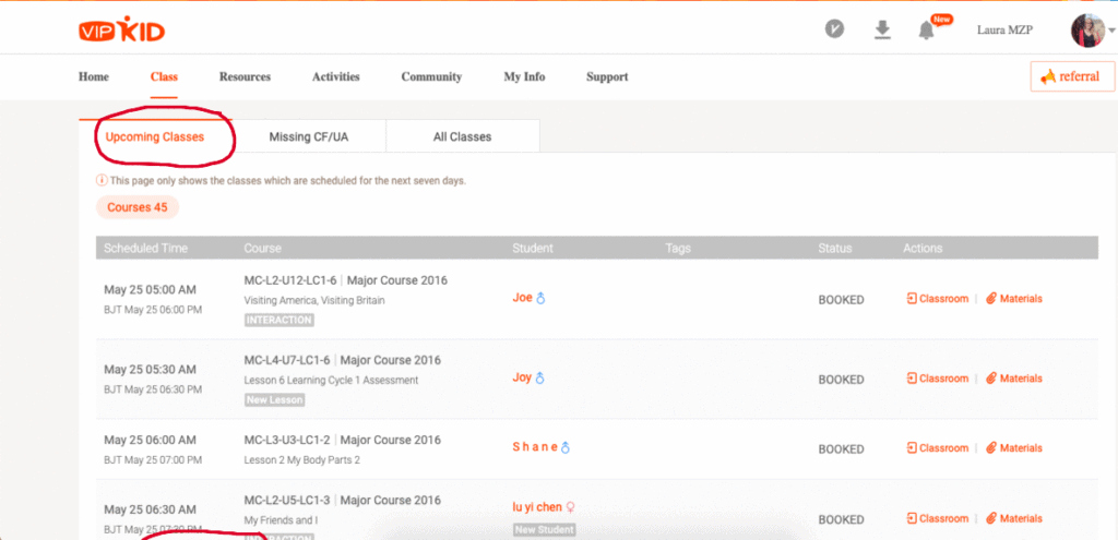 Upcoming classes and accessing your classrooms
