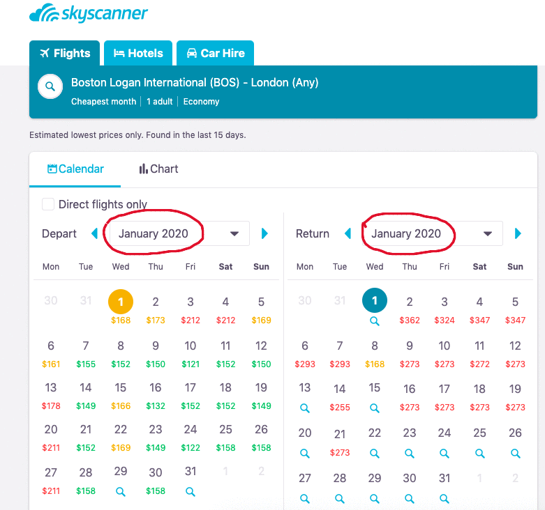 Cheapest month feature displayed on Skyscanner. Find the cheapest flights possible through the cheapest month option.