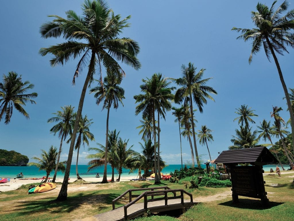 Beaches, Palm Trees, and Small Bridge On Koh Wua Ta Lap Island in Thailand.