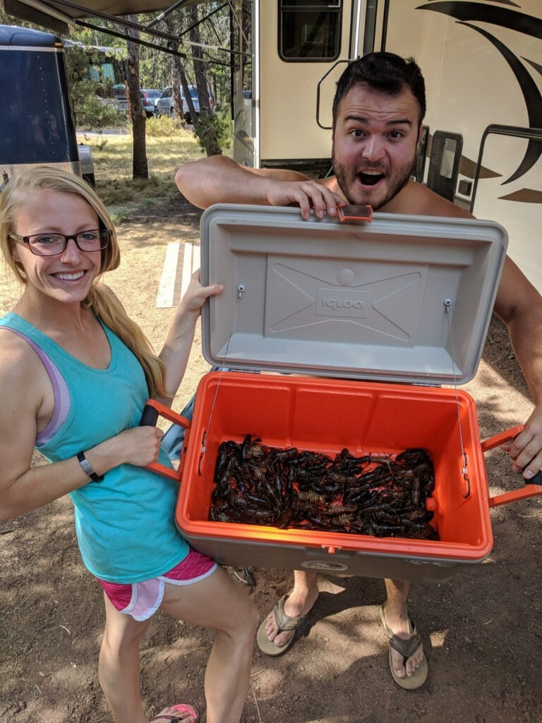 Catching Crawdads at Sunriver Thousand Trails - A Great Place For Camping Near Bend, Oregon.