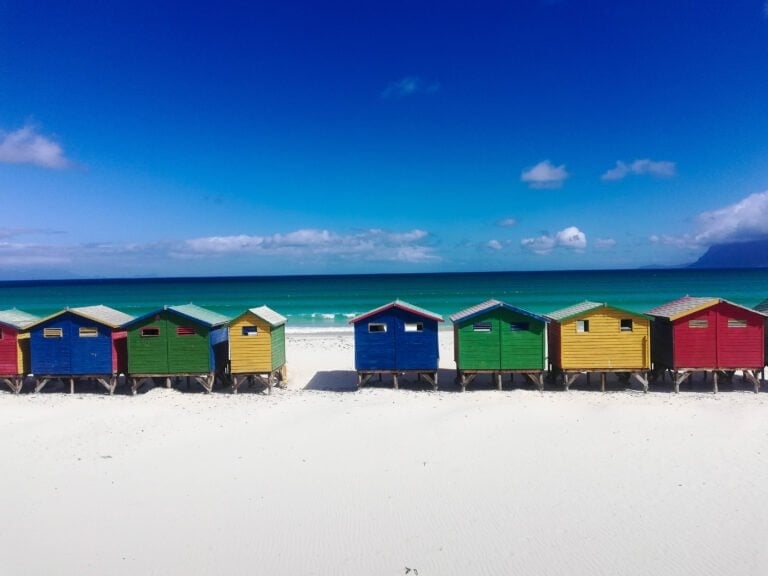A View of the Colorful Houses on Muizenberg Beach in Cape Town South Africa.