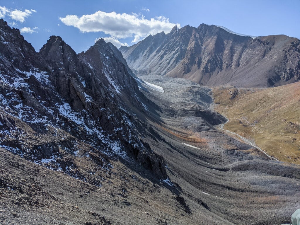 Walking Down From Sary Mogol Pass in the Alay Mountains.