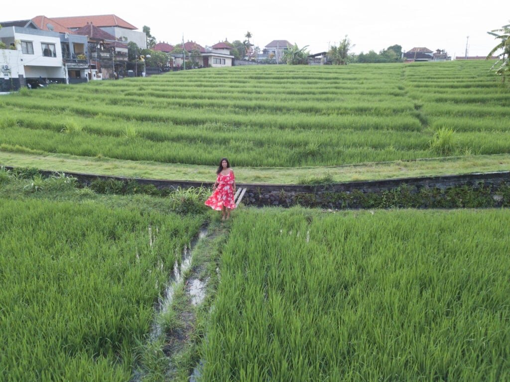 Girl walking in the rice terraces in Bali.