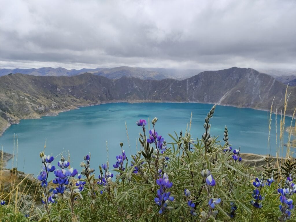 View of a volcano's lake during the summer in Ecuador.