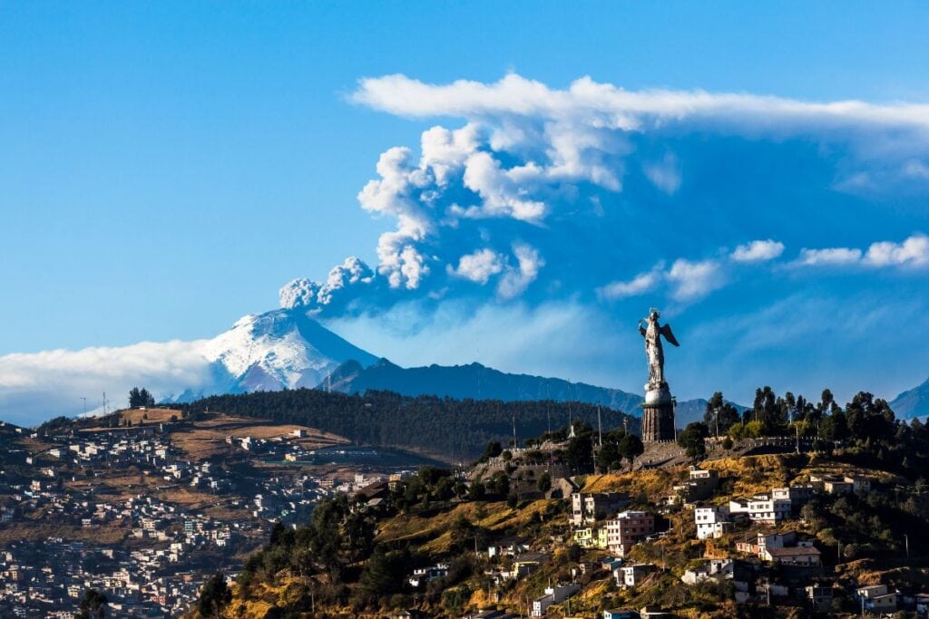 Cotopaxi volcano and the surrounding towns in Ecuador. This area is known for having snow-capped mountains.