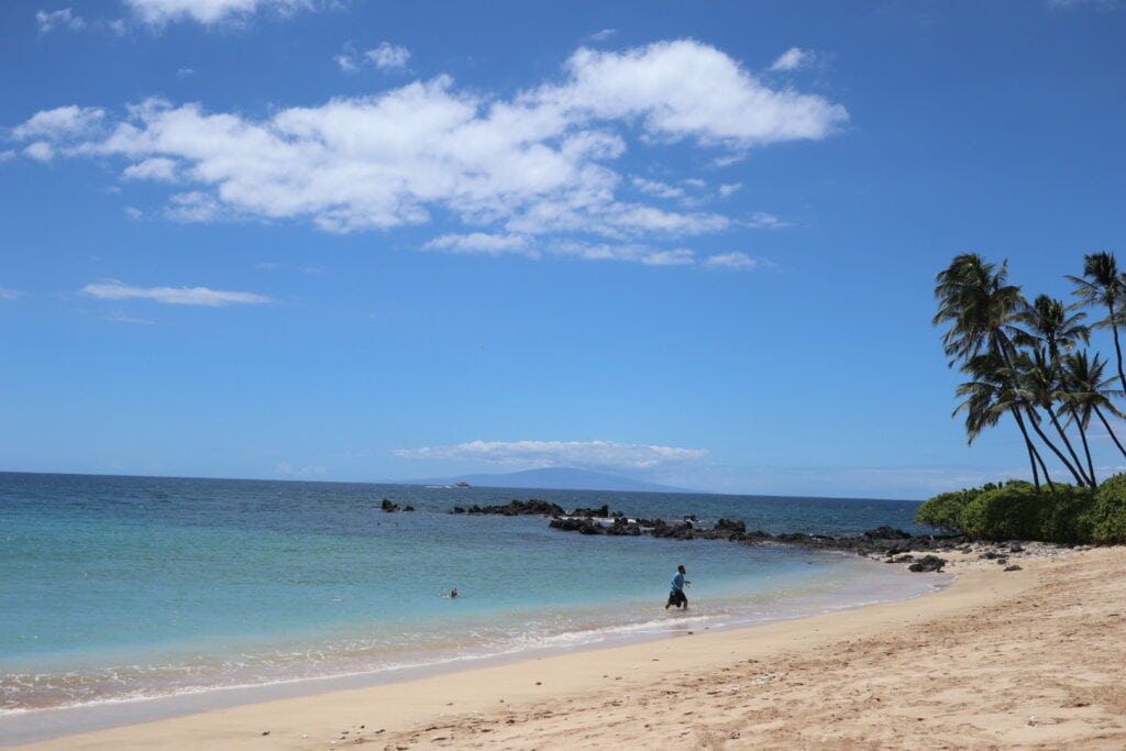 One of the most beautiful beaches on Maui, with volcano in the background.