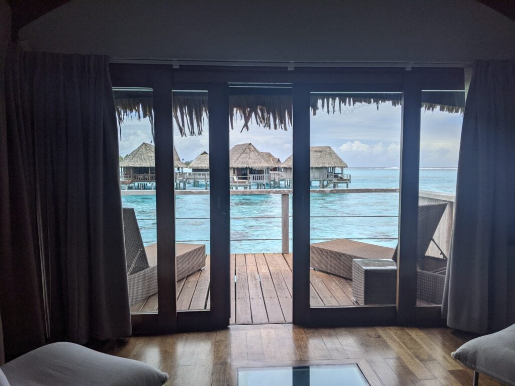Looking out to the ocean from our overwater bungalow, a common sight in both Bora Bora and Maldives.