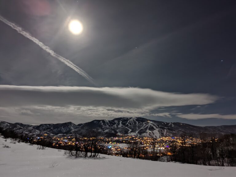 Night view of Mount Werner in Steamboat Springs in winter.