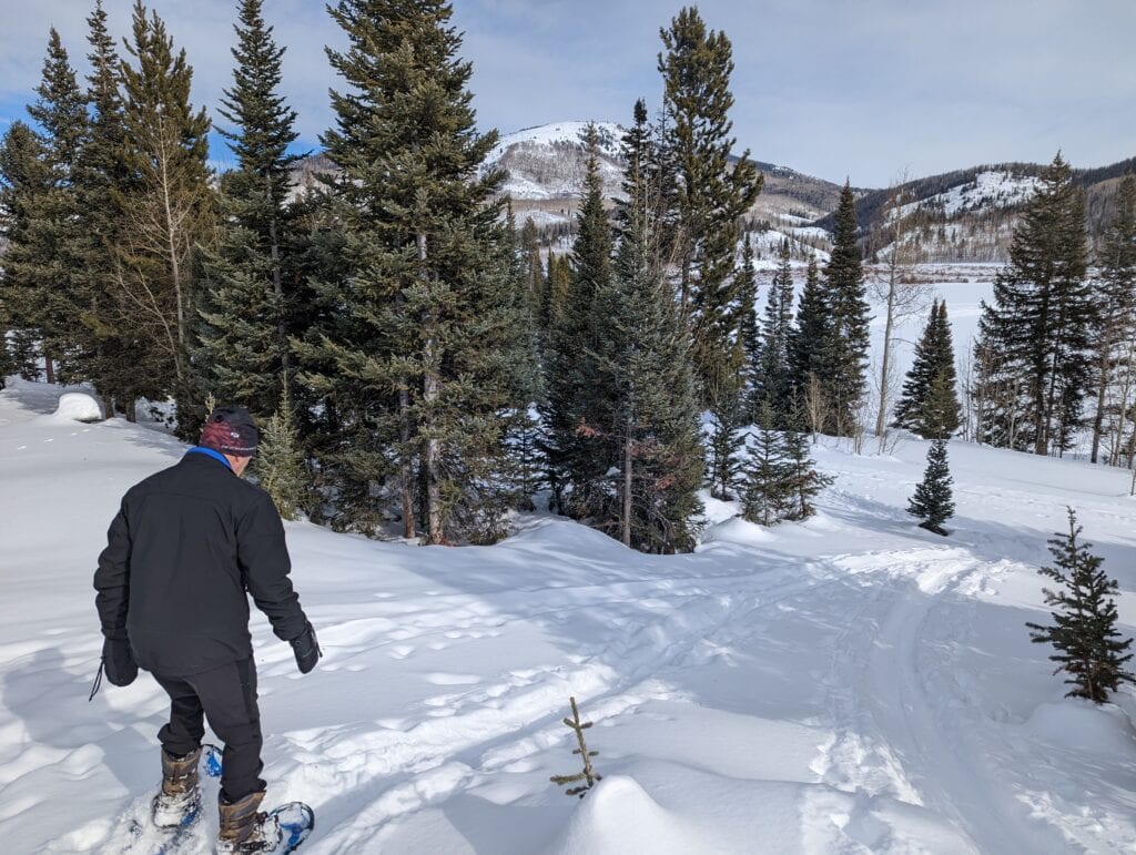 My dad snowshoeing on Pearl Lake near Steamboat Springs.
