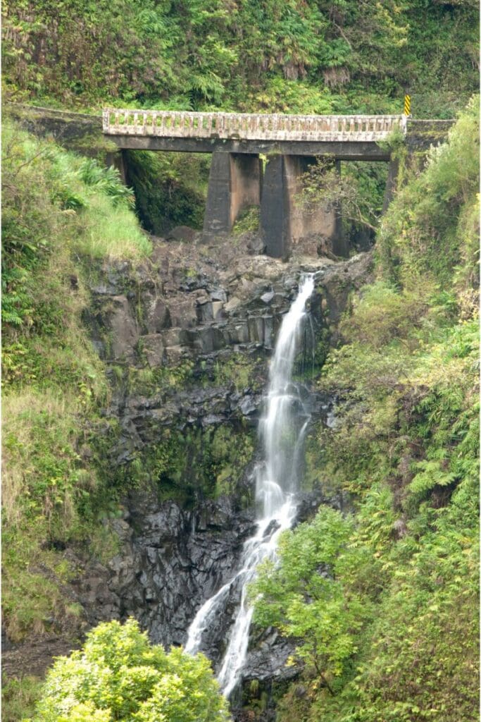The Road to Hana has many one-lane bridges over waterfalls, one of the many challenges when driving in Maui