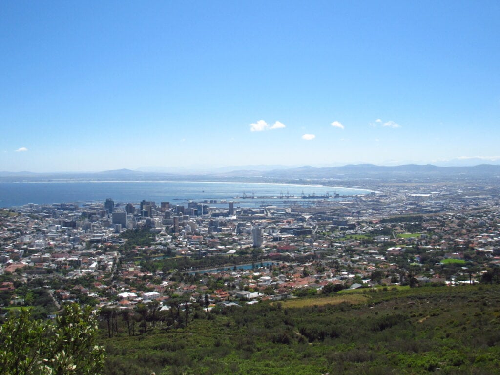 View of False Bay from Table Mountain National Park hiking trail, a top site in Cape Town