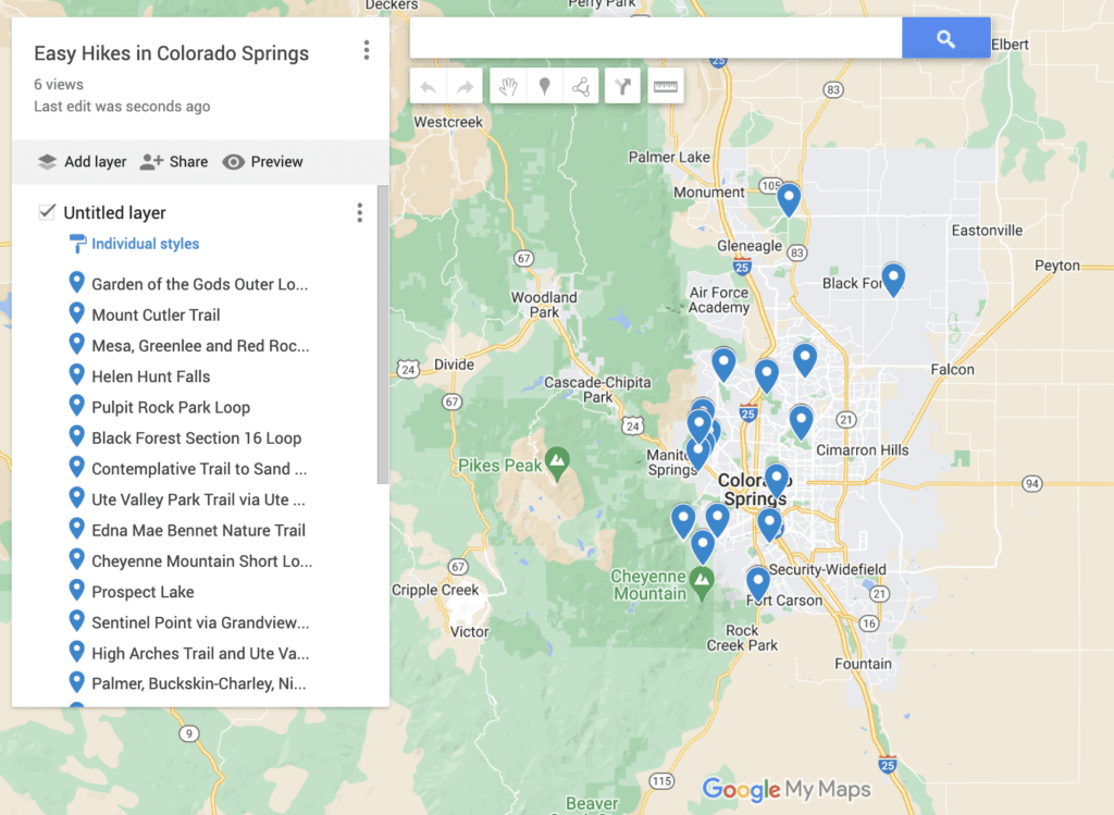 Click to see an interactive map of easy hikes in Colorado springs.