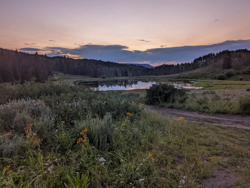 Sunset camping at Chapman Reservoir in Colorado.