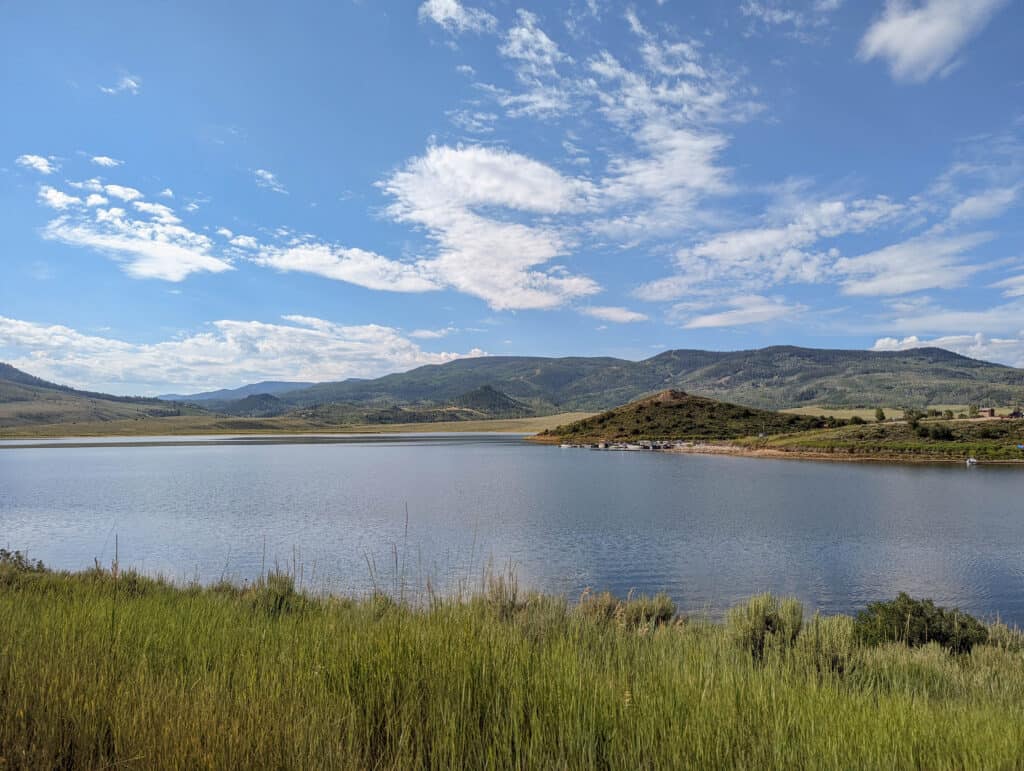 Another beautiful landscape view of Stagecoach Reservoir on a sunny day.