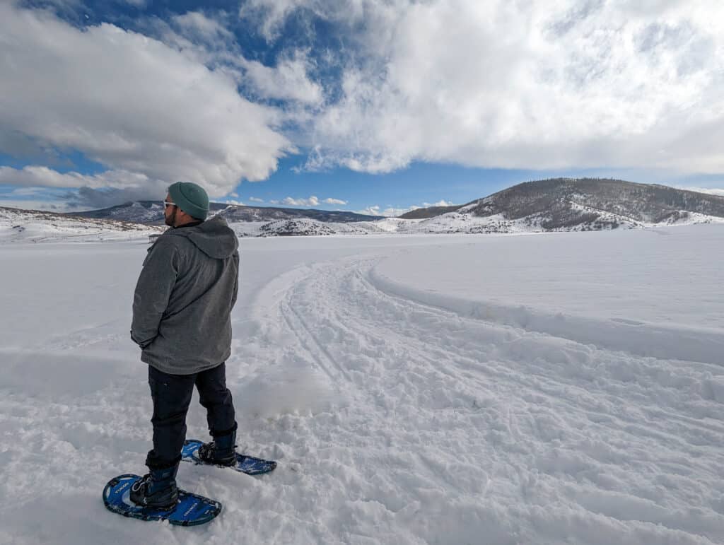 Mike snowshoeing at Rossi Farm in Oak Creek, Colorado.