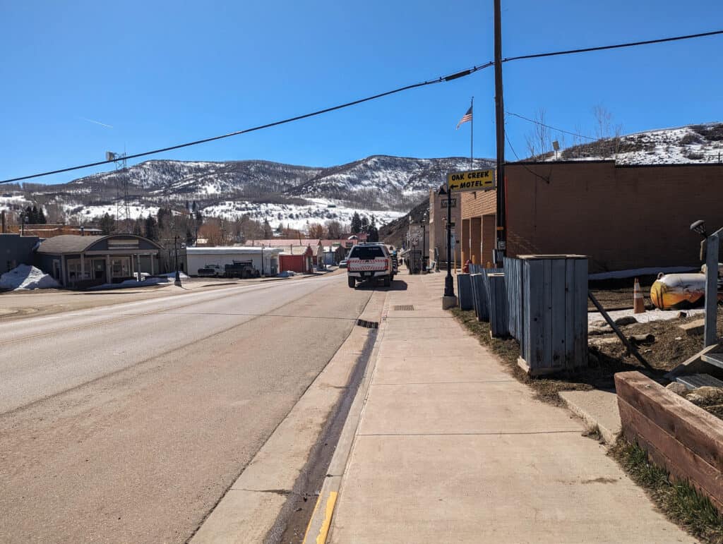 A view of the downtown area of Oak Creek, Colorado.