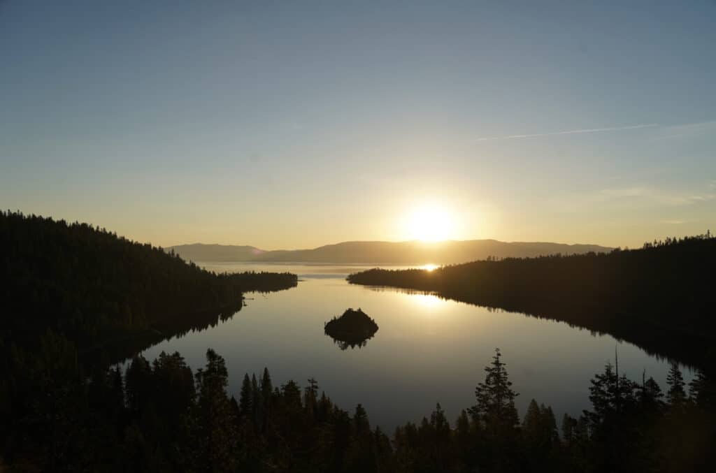 Emerald Bay is one of the best places to watch the sunrise on the Lake Tahoe scenic drive.