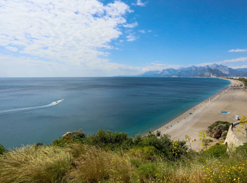 The city of Antalya with the Mediterranean Sea on one side and the Taurus Mountains on the other.