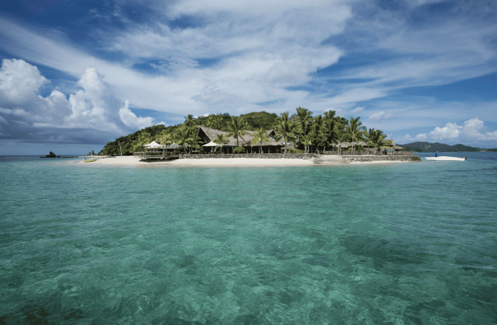 A view of Castaway Island in Fiji from the ocean.