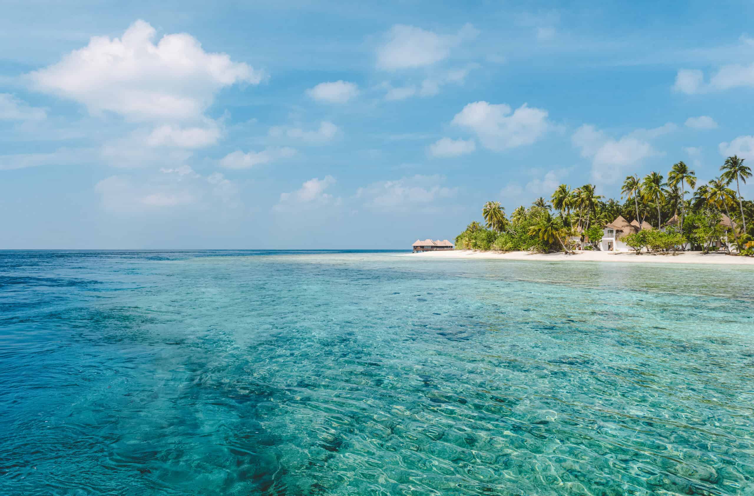 Distant Water View of Bandos Island Resort on a Clear Day.