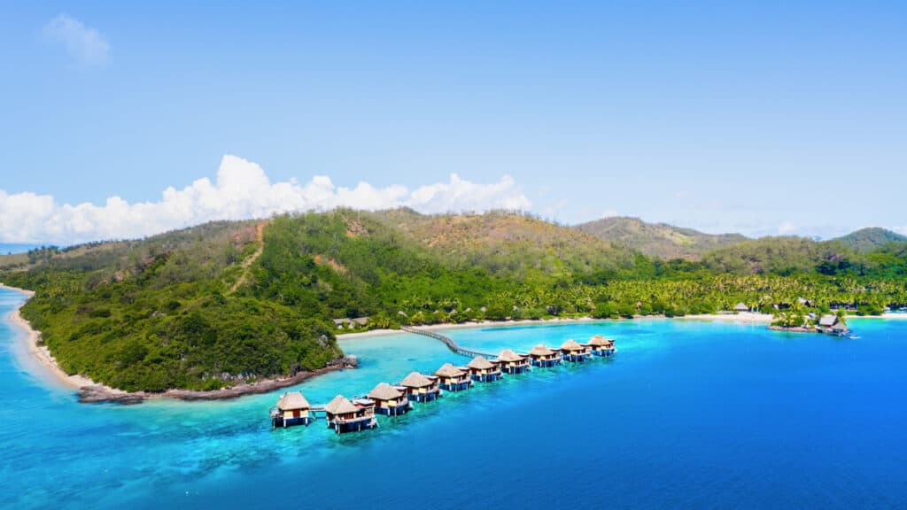 Likuliku Lagoon Resort Best Overwater Bures on Teal Lagoon Aerial View