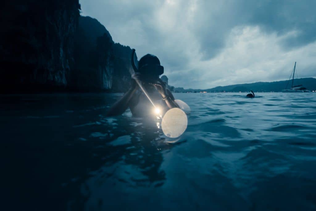People snorkeling at night in Moorea