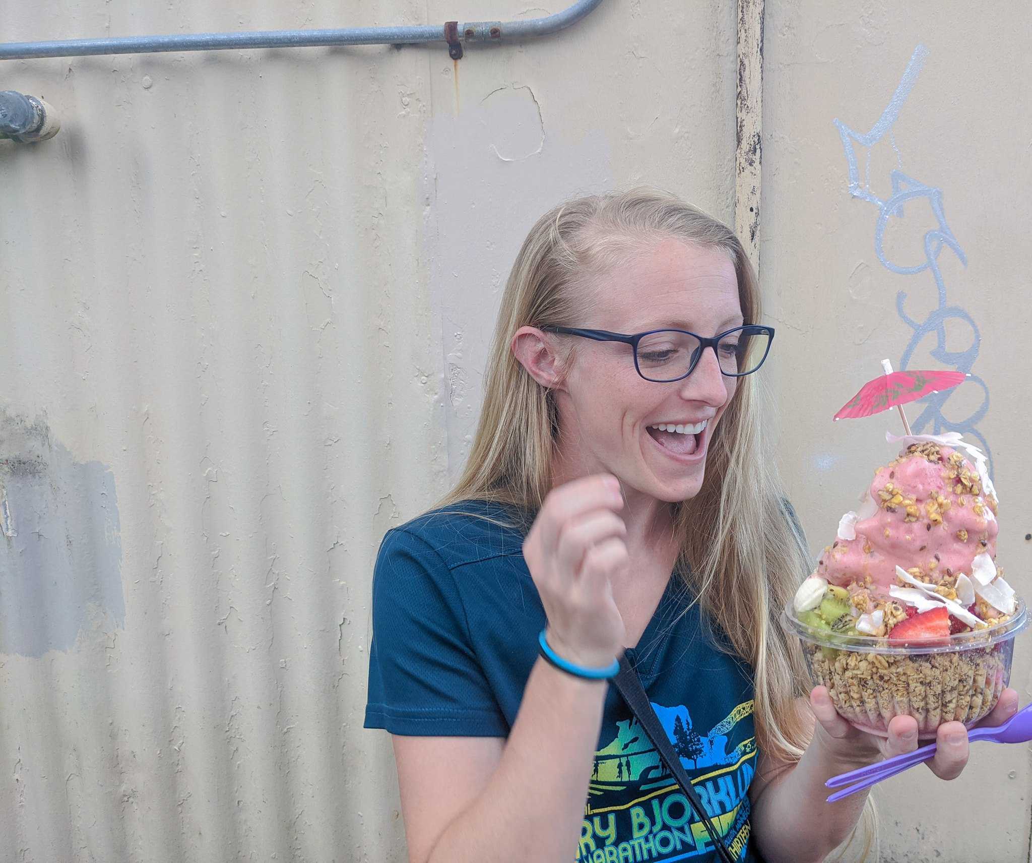 Laura with a bowl of ice cream in Hilo.