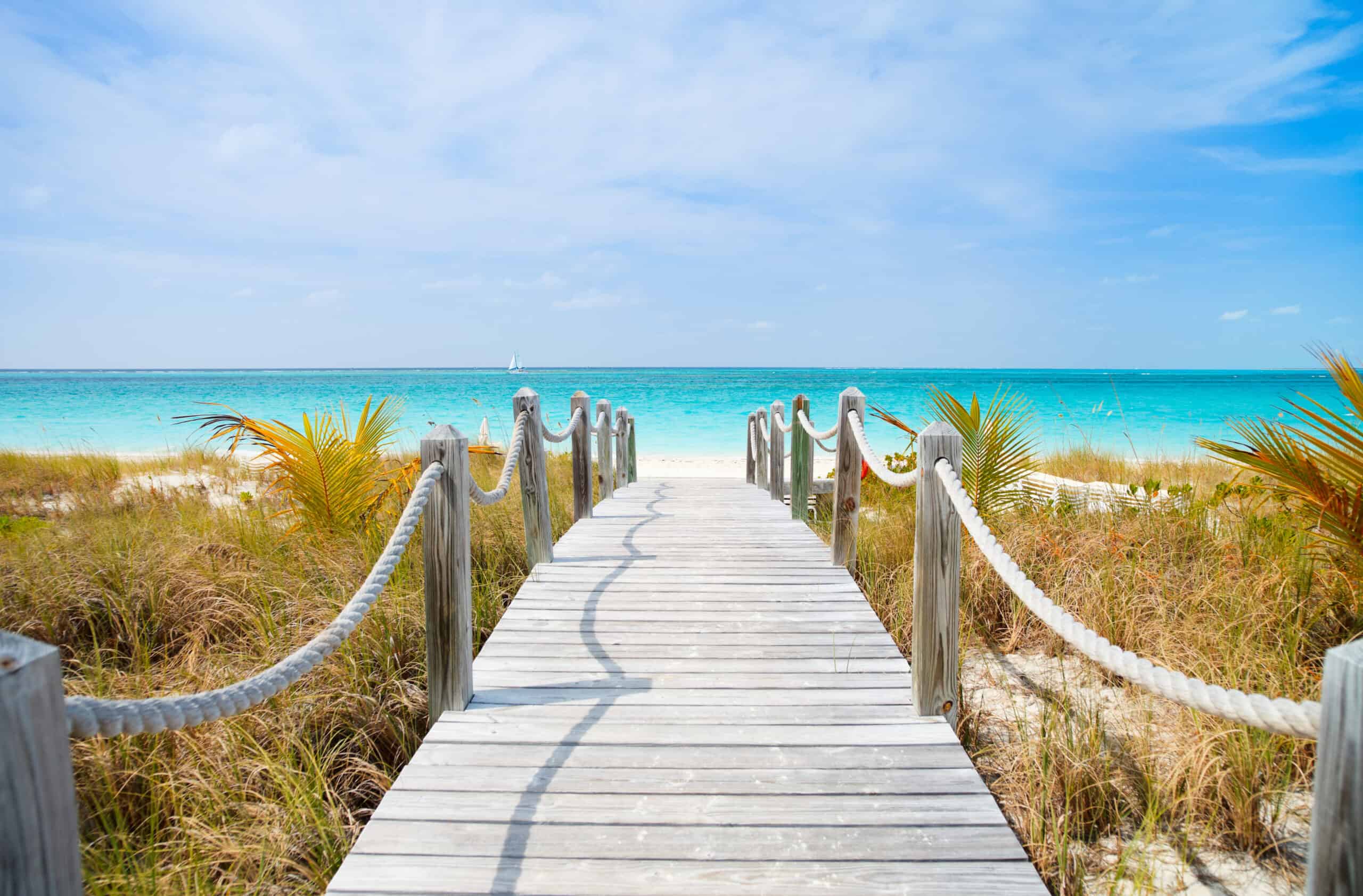 A picture of a boardwalk leading up to a beach in Turks & Caicos.