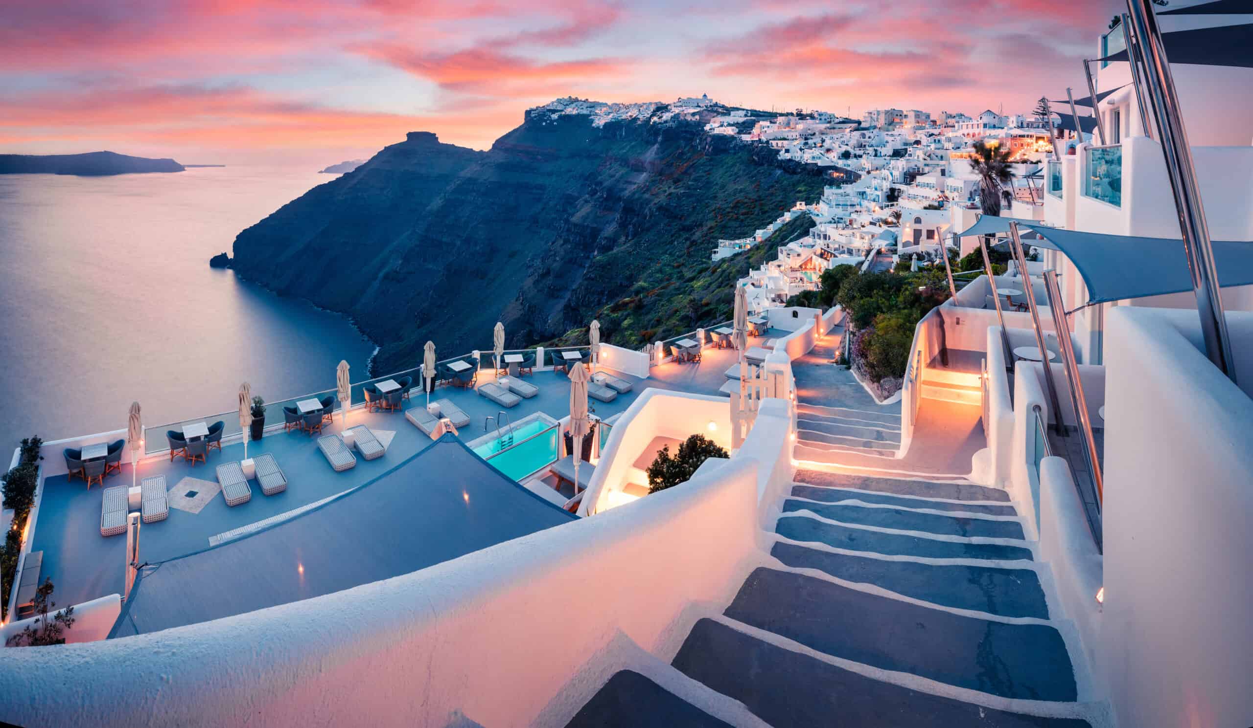 A beautiful picture of Oia in Santorini, Greece at dusk.