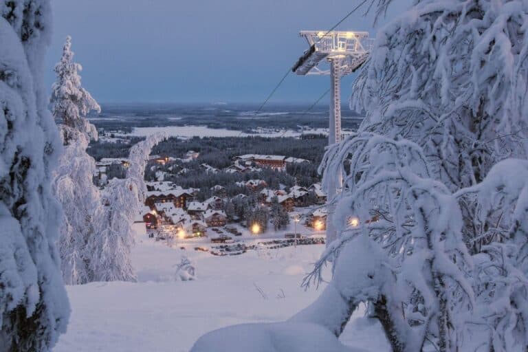 distant view of a ski resort in deep snow