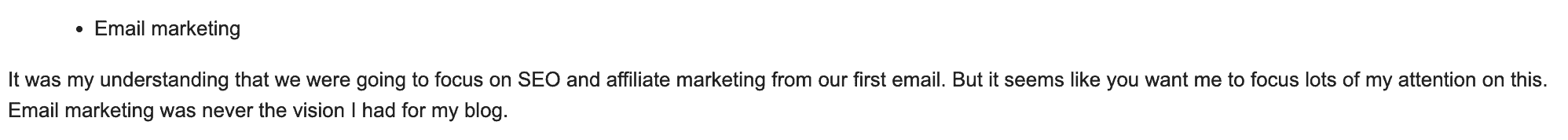 A screenshot of an email from a person mentioning they don't want to do email marketing.