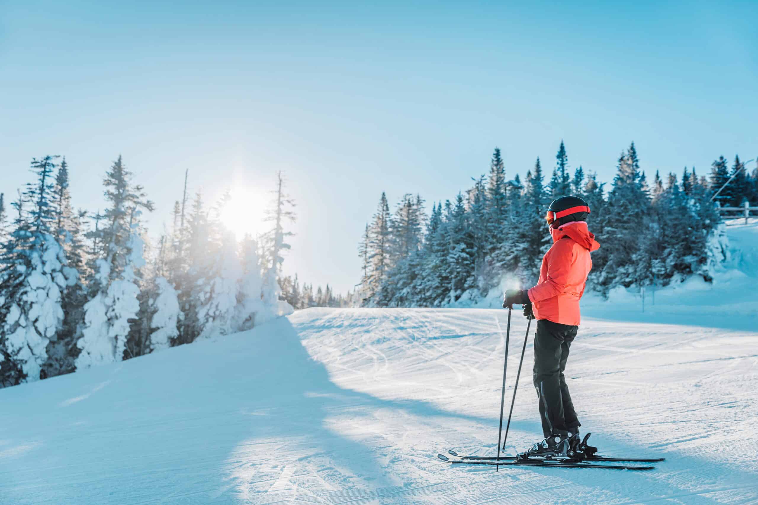 A skier in an orange jacket looks out to the horizon from the top of a snow run surrounded by snowy trees.