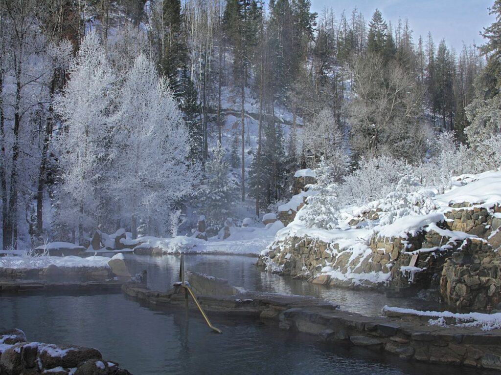 A winter view of Strawberry Park Hot Springs pools