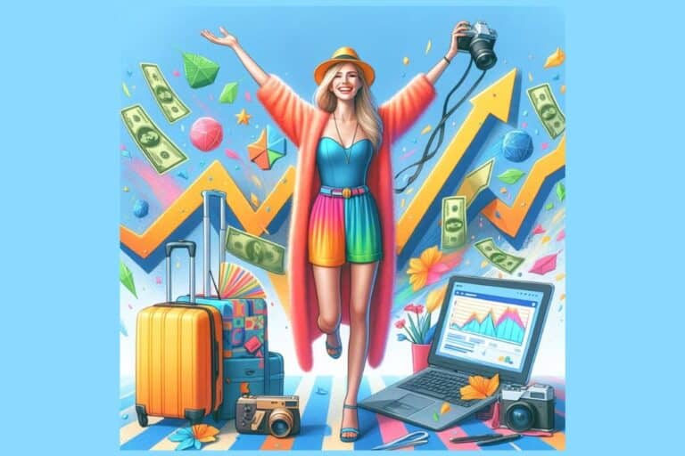An image of a female travel blogger with her computer, suitcase, camera, and money falling around her.
