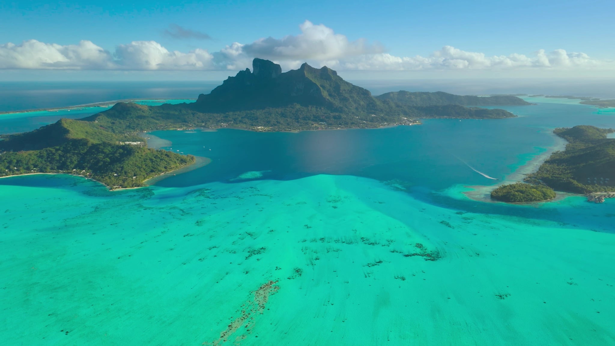 Aerial view of Mount Otemanu and the lagoon of Bora Bora