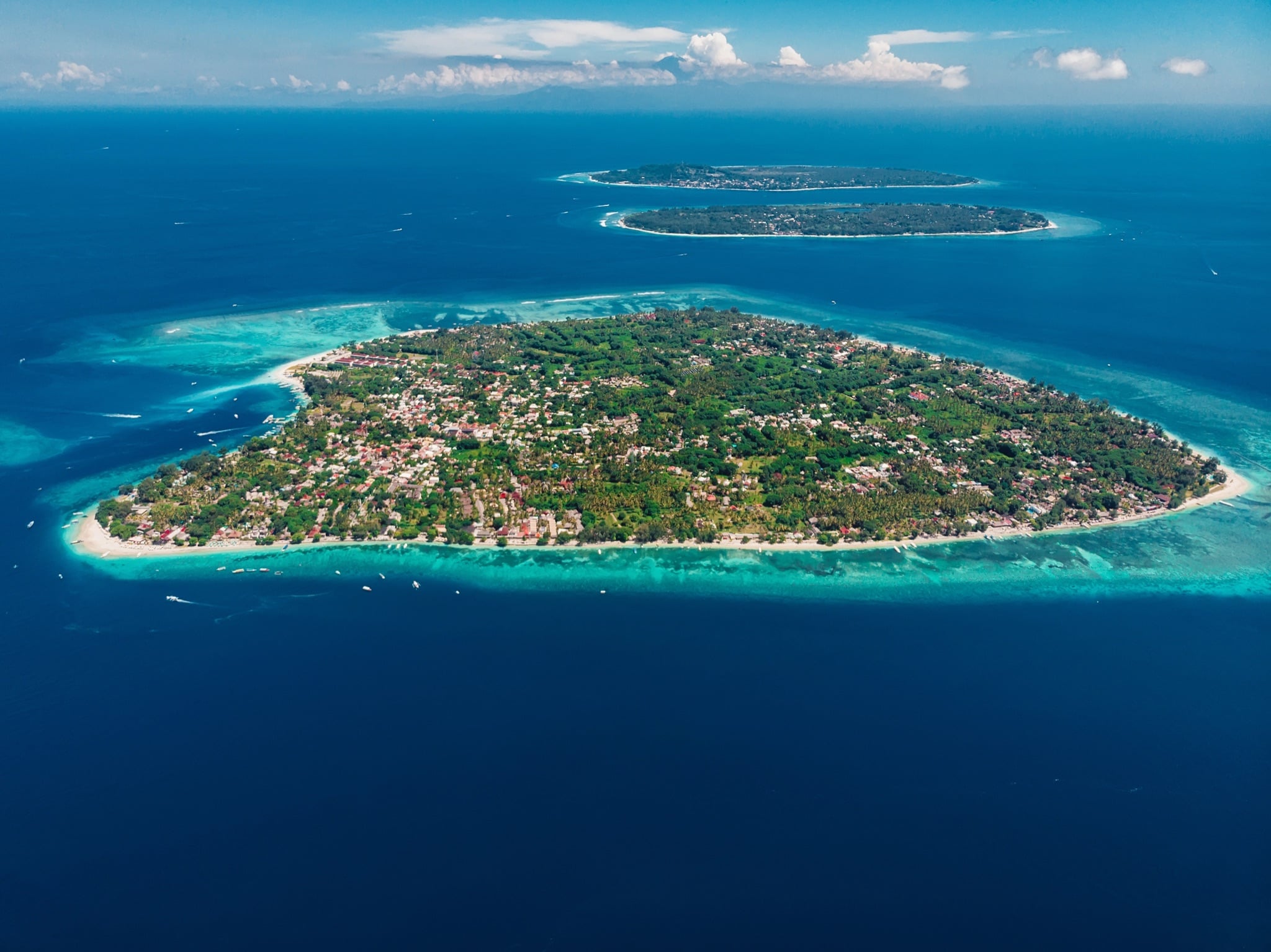 Aerial view of the Gili Islands off Lombok, Indonesia