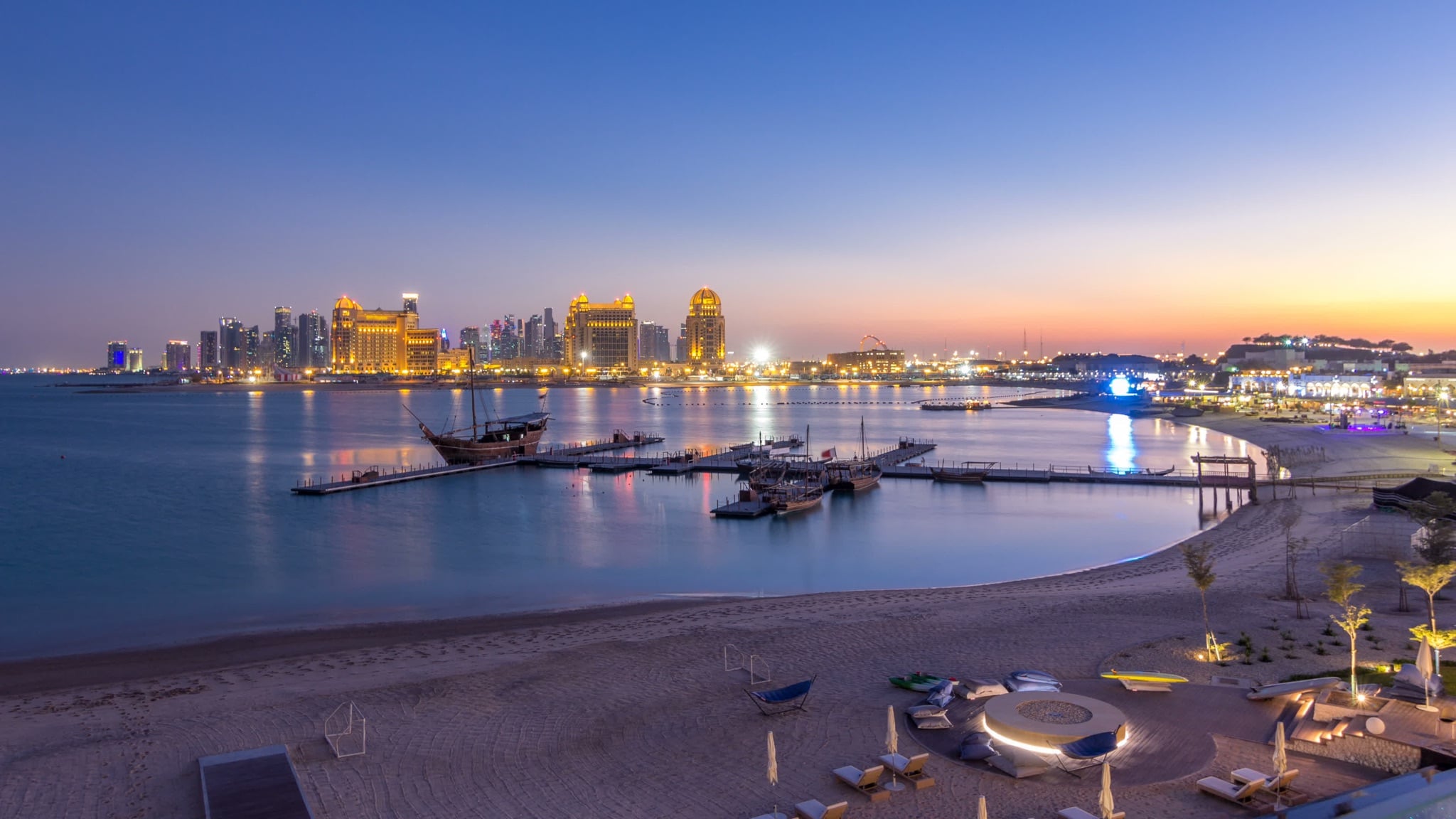 Katara Beach in Doha, Qatar at sunset