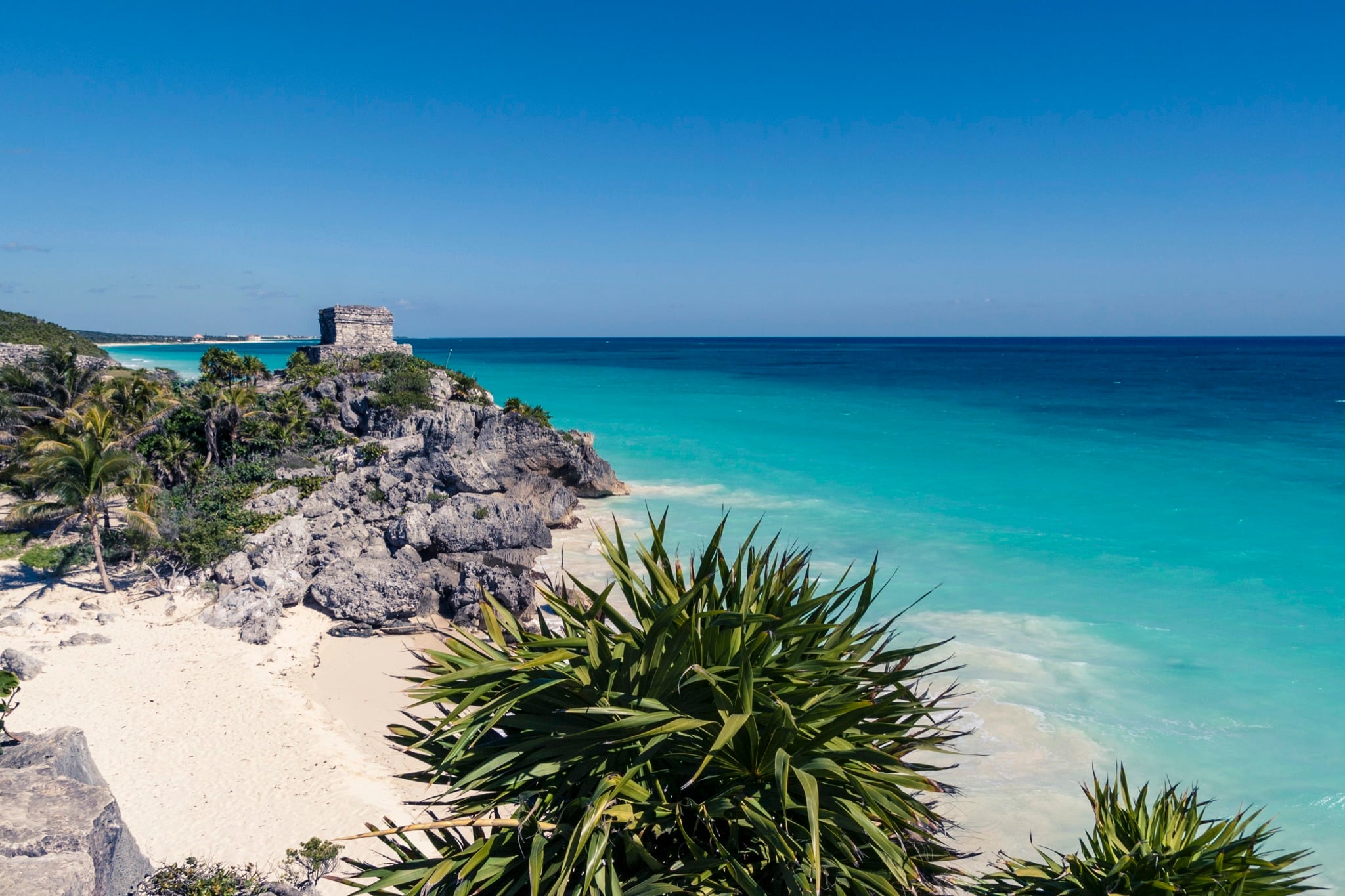 Mayan ruins above the beach at Tulum on the Riviera Maya, Mexico