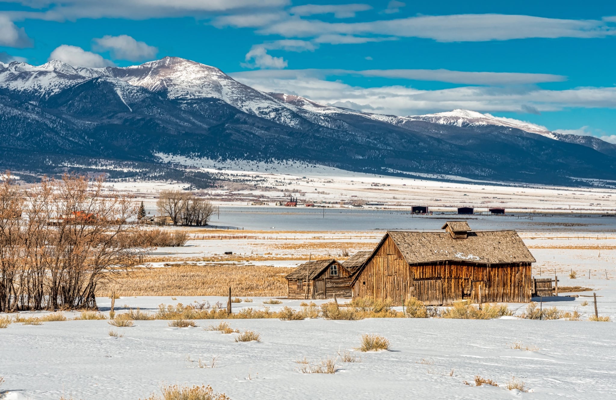 Old ranch cabins below the Sangre de Cristo Mountains near Westcliffe, Colorado